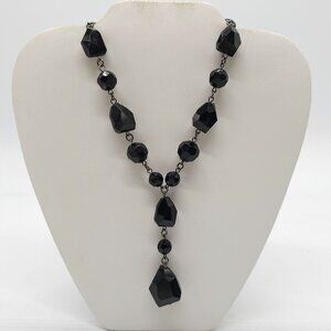 Black Beaded Faceted Necklace With Drop Pendant with Adjustable Chain Vintage